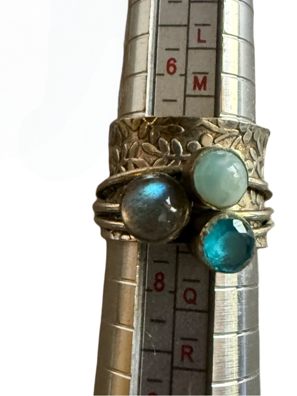 Silver Triple Stone Ring with Blue, Aqua, and Gray Gemstones